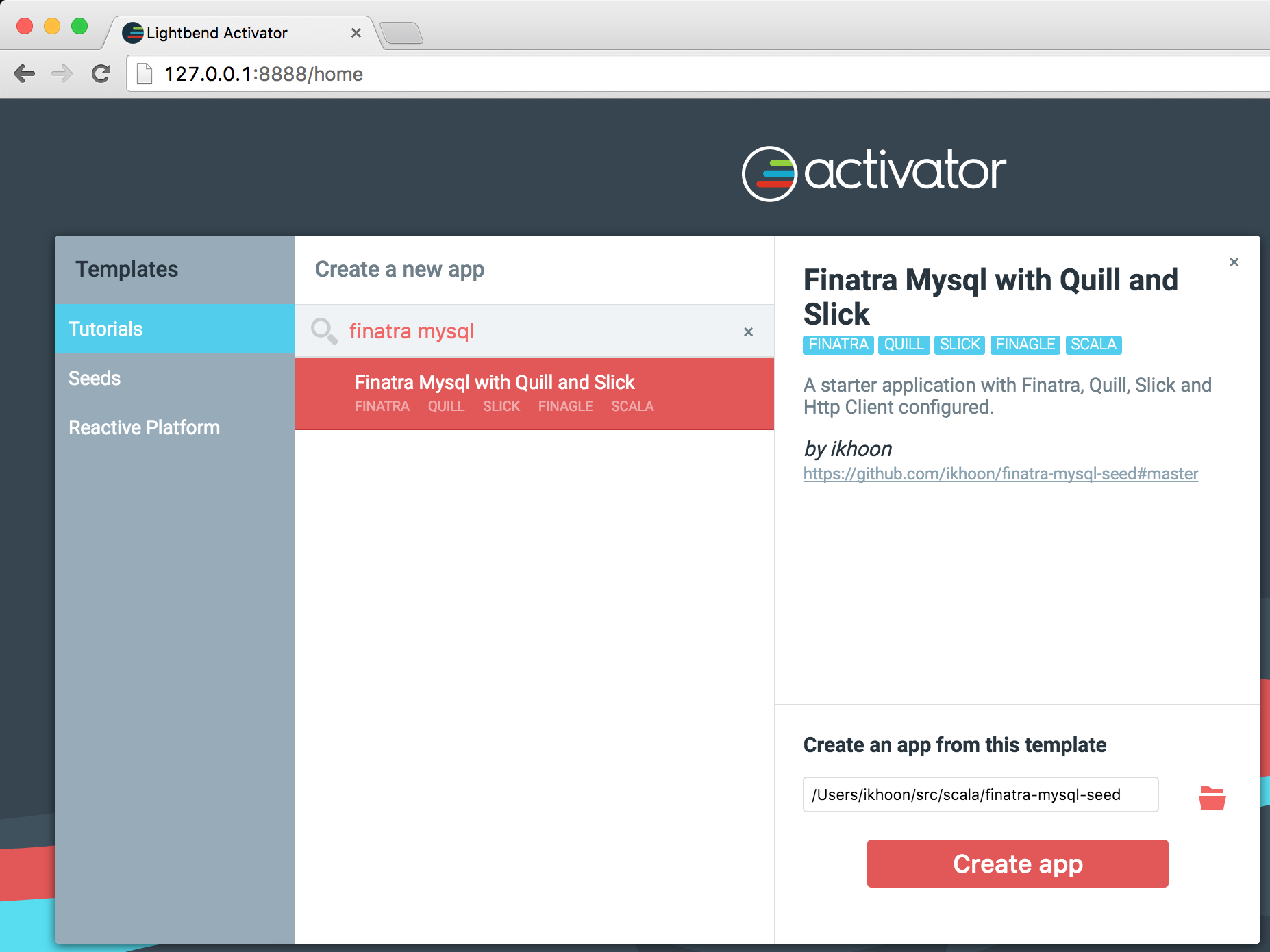 activator ui를 이용한 finatra-mysql-seed 프로젝트 설치